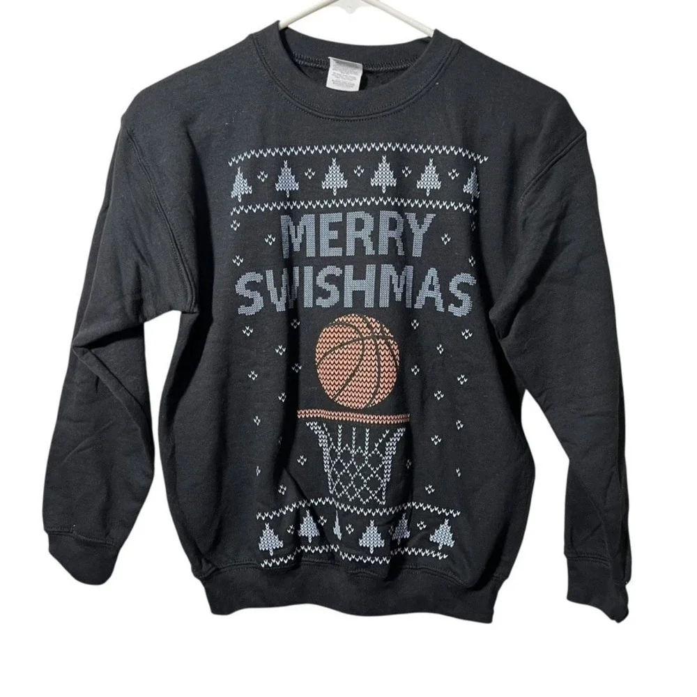 Merry Swishmas Basketball Ugly Christmas Sweater Youth M Black Holiday Crewneck‎